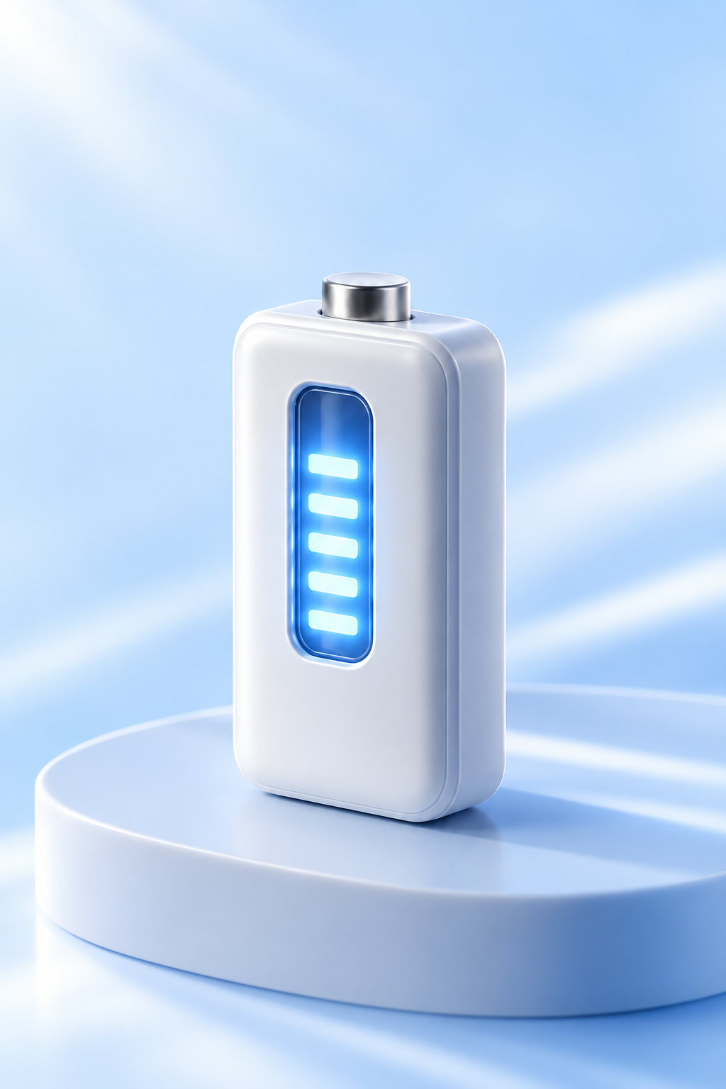 White ceramic battery with illuminated blue charge bars