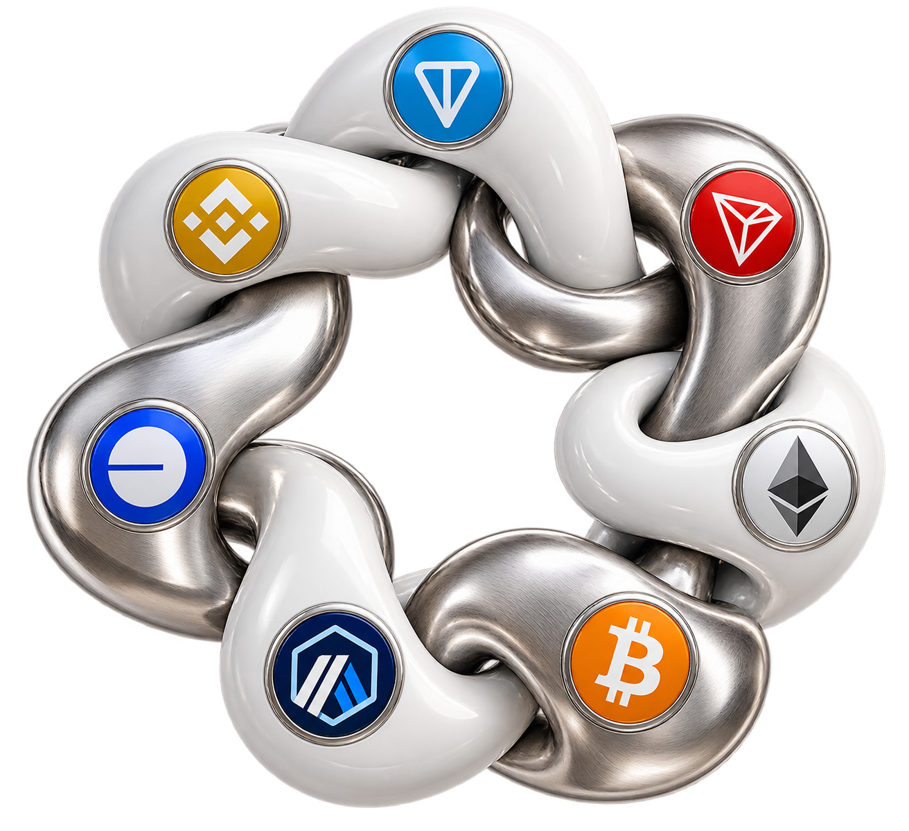 Interlocking links with the symbols of TON, TRON, Ethereum, Bitcoin, Arbitrum, Base and BNB Chain.