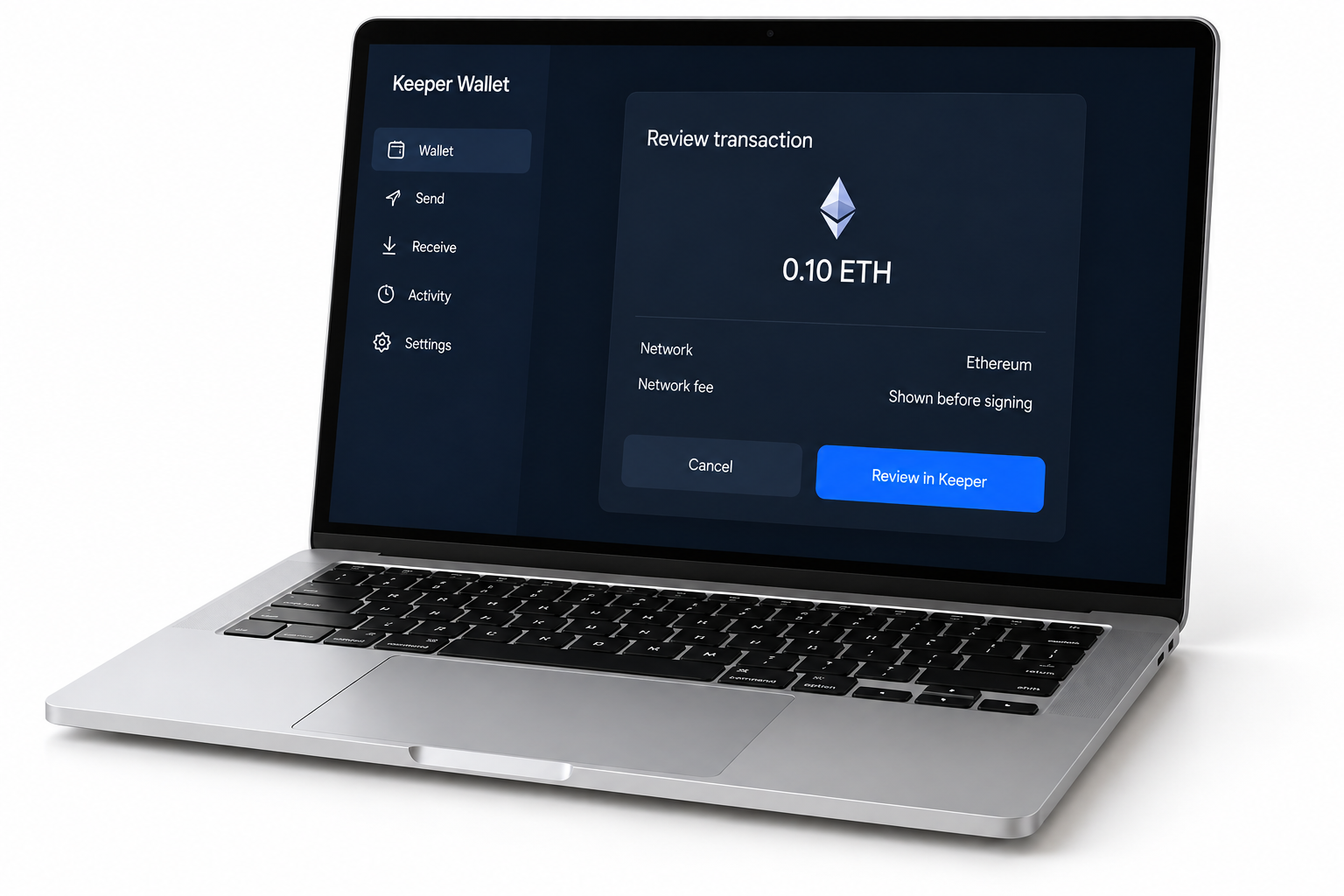 Silver laptop displaying the Keeper Wallet transaction review screen